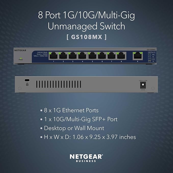 NETGEAR 8-Port 1G/10G Multi-Gigabit Ethernet Unmanaged Switch (GS108MX) - with 1 x 10G/Multi-gig RJ-45 Ethernet Uplink, Desktop or Wall Mount, and Limited Lifetime Protection
