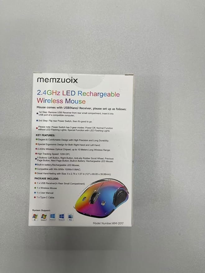 memzuoix 2.4G LED Wireless Mouse, Rechargeable Ergonomic Mouse with Detachable Cover, 1200 DPI Portable Optical Computer Mouse with USB Receiver for Laptop, PC, Desktop and MacBook, 5 Buttons-Black