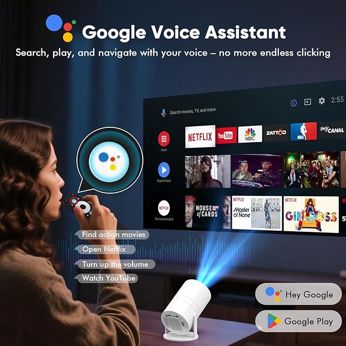 [Google Play Store & Voice Control] WISHOLY Mini Projector with WiFi and Bluetooth, Built-in Streaming Apps, Portable Movie Projector with 180° Rotatable for Outdoor, Home Theater, Movie Night