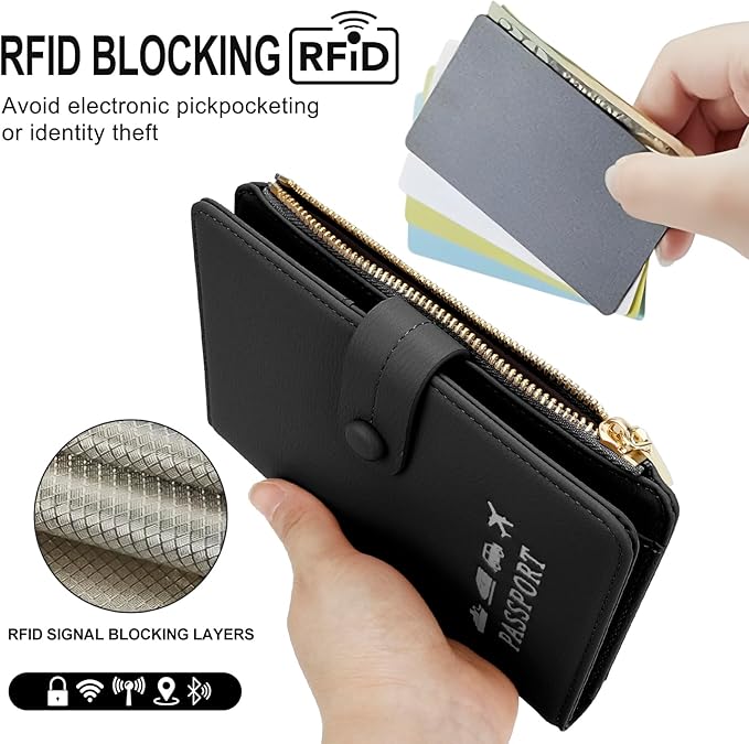 DOB SECHS Passport Holder Wallet for Women, Leather RFID Blocking Passport Cover Credit Cards Case Women Travel Accessories Organizer Pouch Bag with ID Window+Zippered Cash Pocket+SIM Slots, Black