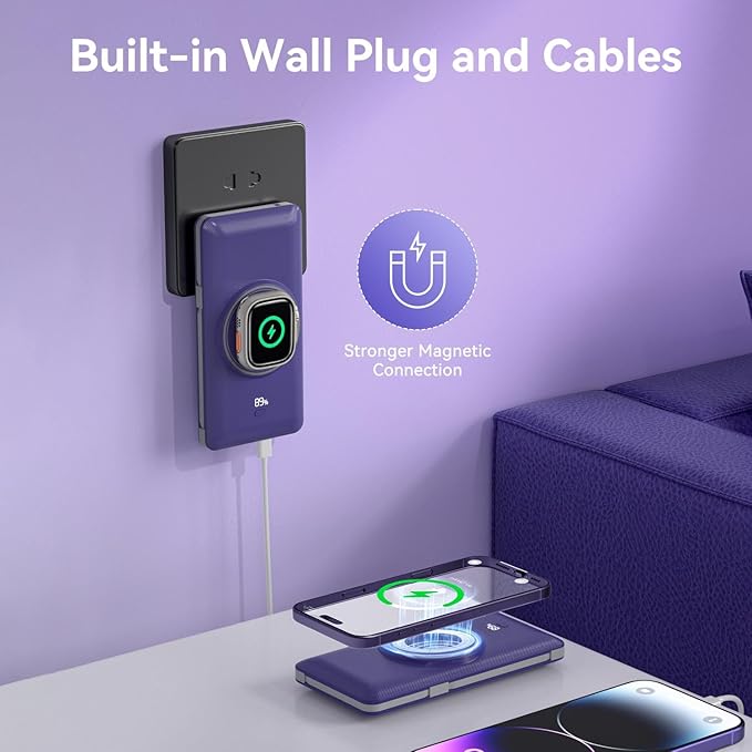 Magnetic 10000mAh Portable Charger for iWatch & iPhone, 22.5W USB C Fast Charging Wireless Power Bank Built-in Cables and Wall Plug, External Travel Battery Pack Compatible with iOS Android Devices
