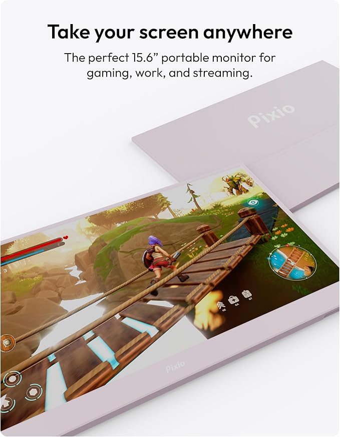 Pixio PX160 Wave Pink Portable Monitor 15.6 inch 60Hz FHD 1080p IPS Panel HDR Screen Cover Stand USB-C HDMI Laptop Screen Extender Portable Monitor for Laptop, PC, Console, Phone