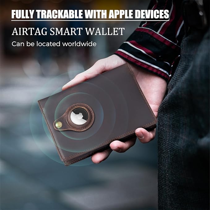 Polare Slim RFID Blocking Leather Passport Holder Travel Bifold Wallet For Men (Dark Brown with AirTag Slot)