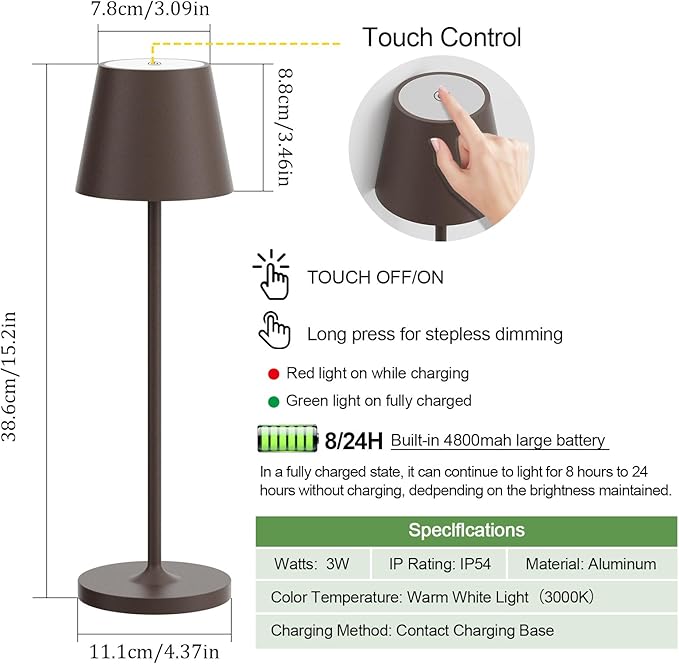 Ralbay IP54 Aluminum Cordless Rechargeable Table Lamp LED Modern Battery Operated 4800mAh Waterproof Portable Stepless Dimmable Desk Lamp for Restaurant/Bedroom/Camping/Outdoor (Rust-Coloured)
