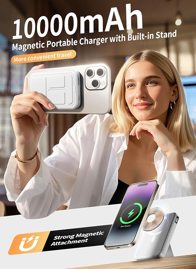 Magnetic Portable Charger, 10000mAh Wireless Power Bank with 20W USB-C Fast Charging, Foldable Stand & LED Display Magnetic Battery Pack, Compatible with iPhone 16/15/14/ All Series