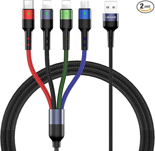 USAMS Multi Charging Cable 2Pack 4FT 4 in 1 Nylon Braided USB Fast Charging Cord Adapter Type C Micro Port Compatible Cell Phones Tablets and More