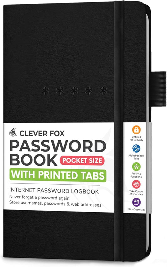 Clever Fox Password Book – Alphabetized Internet Address & Password Organizer - Computer & Website Password Keeper Notebook – Log-In Password Journal – Pocket, 6.2x3.5″, Hardcover (Black)