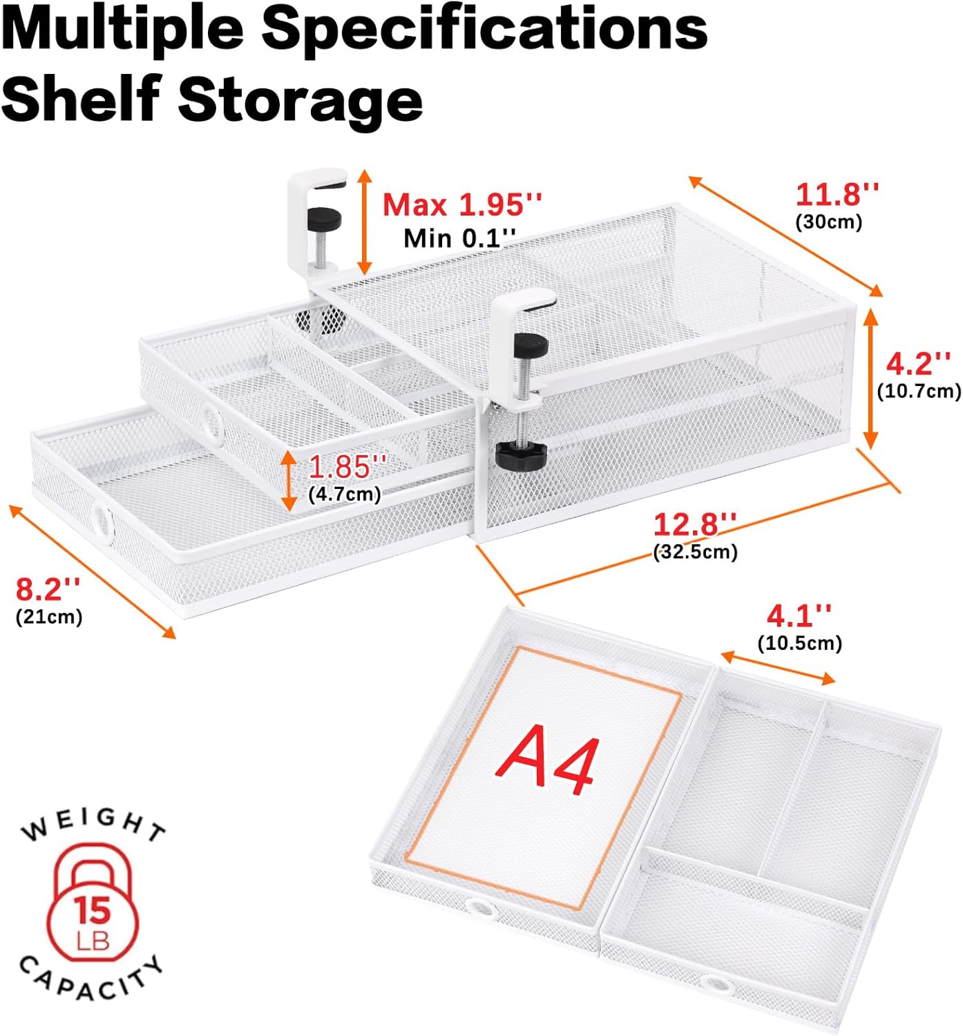 2-Tier Clamp-On Mesh Organizer, Under Desk Storage with Slide-Out Tray, No Drilling Tool-Free Installation, Durable Rust-Resistant Metal, Large-Capacity Organizer.