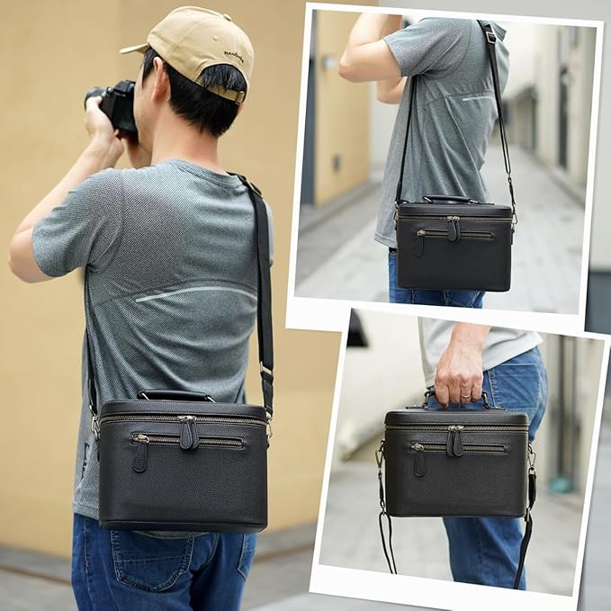 Camera Sling Bag, Waterproof PU Leather Crossbody Camera Case for Photographers, Small Shoulder Bag Compatible for Canon Nikon Sony, 4L Black