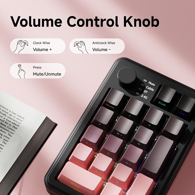 EWEADN NK20 Wireless Retro Mechanical Numpad with Knob, Bluetooth/2.4GHz/USB-C Connect with RGB Backlight Hot Swappable Number Pad, 20-Key Rechargeable External Num Pad for Win, Mac, Black Berry Pink