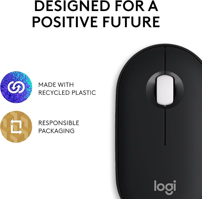 Logitech Pebble Mouse 2 M350s Slim Bluetooth Wireless Mouse, Portable, Lightweight, Customizable Button, Quiet Clicks, Easy-Switch for Windows, macOS, iPadOS, Android, Chrome OS - Black