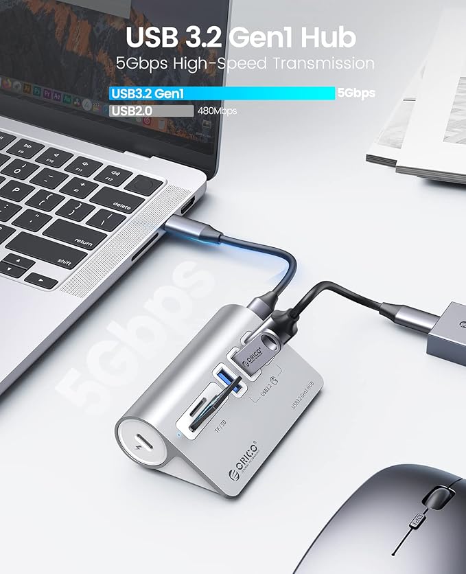 ORICO Aluminum USB 3.0 Hub with SD/TF Card Reader, 3 Port USB Hub 5Gbps with 1.64Ft USB-C Cable and USB-A Adapter USB Splitter for iMac, All MacBooks, Mac mini