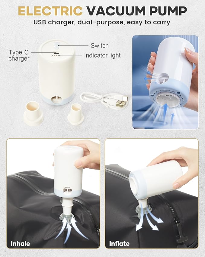 Vacuum Travel Backpack with Pump for Women,Personal Item Carry on Backpacks Flight Approved 18x14x8 inches for Men,Laptop Waterproof Work Compression bags Casual Daypack. Beige