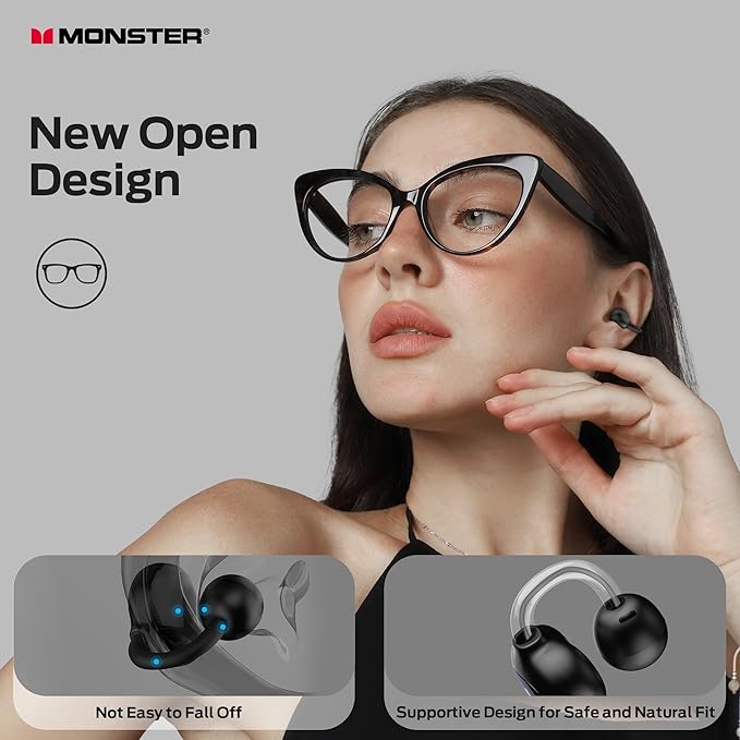 Monster Open Ear AC339 Earbuds, Bluetooth 6.0 Earphones Stereo Sound, Open Ear Clip Wireless Earbuds 40 Hours Playback, with Smart Digital Display Design, Touch Control, IPX6 Waterproof