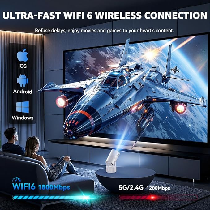 [270°Mount/Battery Powered/Built-in APPs] Projector with Wifi and Bluetooth, Native 1080P Smart Projectors with Built-in Rechargeable Battery, Home Movie Portable-Proyector with Auto Keystones