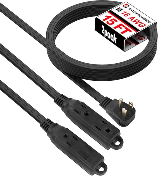 EP 15 Ft 3 Outlet Extension Cord with Flat Plug, 3 Prong Grounded, 16/3 SPT-3 Power Cable for Indoor Use, Black, 2 Pack