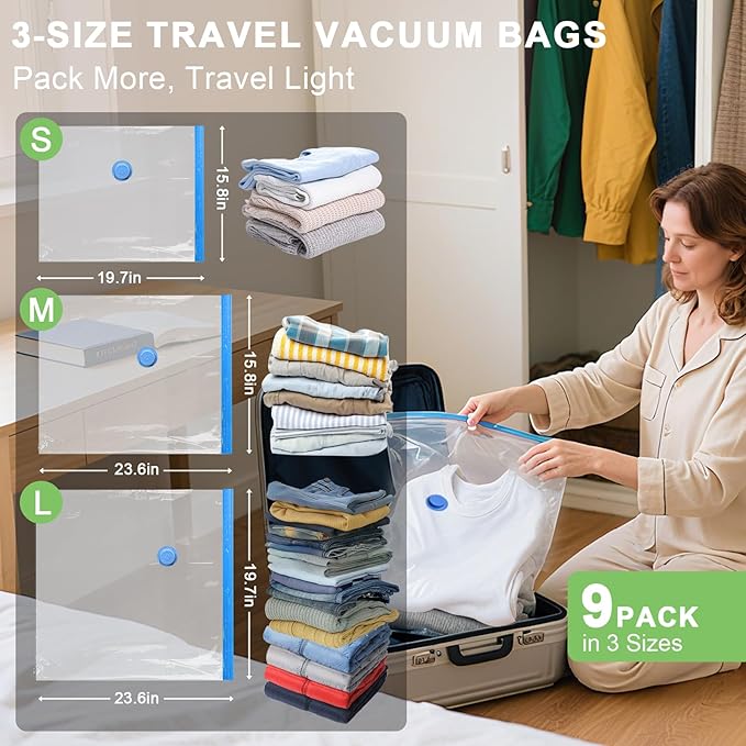 Mapambo Travel Game Changer- 9-Pack Travel Vacuum Bags with Smart-Stop Technology Pump, ≤60dB Silent Travel Essential, Travel Vacuum Bags for Luggage, Cruise Essentials