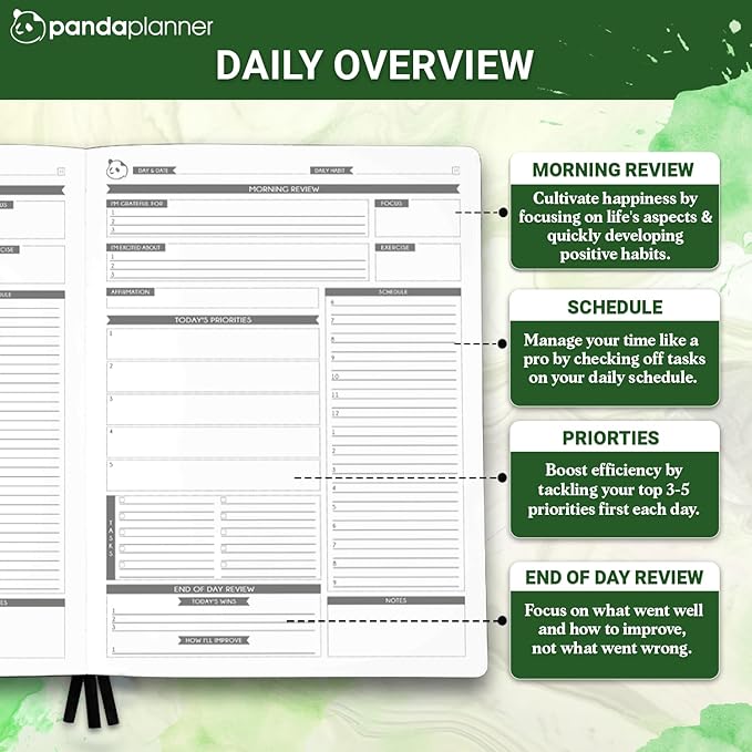 Panda Planner Pro A4 Daily Planner 2026 – 6 Month Undated Daily Productivity Planner with Large 8.5x11 Layouts, Weekly & Monthly Calendar Planner, Goal Tracker, Habit Tracker & Time Management Organizer – Dark Green