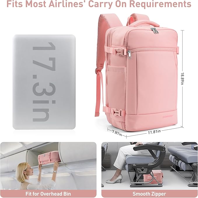SHOWKOO Travel Backpack For Man Women, Airline Approved Carry On Laptop Backpack For Business, 40L Expandable Large Capacity Backpack, Pink