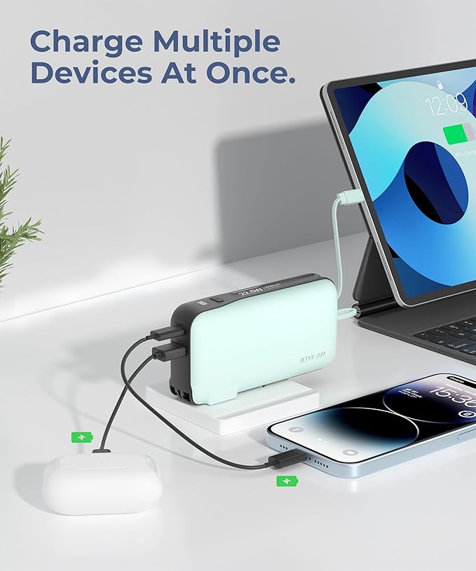 1 Pack Portable Charger with Built-in USB-C Cable & Plug, 10,000mAh 5V/4.5A Power Bank Fast Charging 22.5W, Travel Essential Battery Pack 3 Output for iPhone 16/15 Series, Samsung Galaxy, iPad