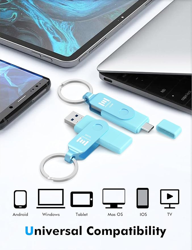 MOSDART 512GB USB3.1 Fast Speed C and A Dual Flash Drive, exFAT Memory Stick with Keychain and LED Indicator, for iPhone 15 and 16, Android Phone, iPad, MacBook, and Other Laptops, Sky Blue