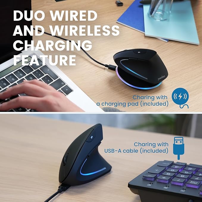 Perixx PERIMICE-713RX Wireless Rechargeable Vertical Mouse - Duo Wired and Wireless Charging Feature - Charging Pad Included - 6 Buttons Design - Black - Right-Handed Design
