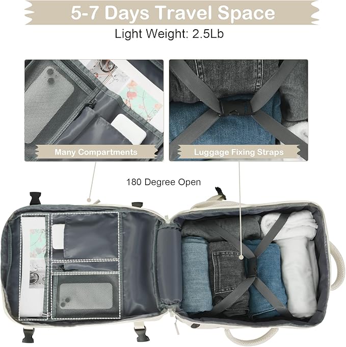 Hanples Large Travel Backpack for Women, 40L Carry on Luggage Backpack, College Laptop Backpack Airline Approved Business Work Bag Fits 17 Inch Computer for Men with 2 Toiletry Bags (Beige)