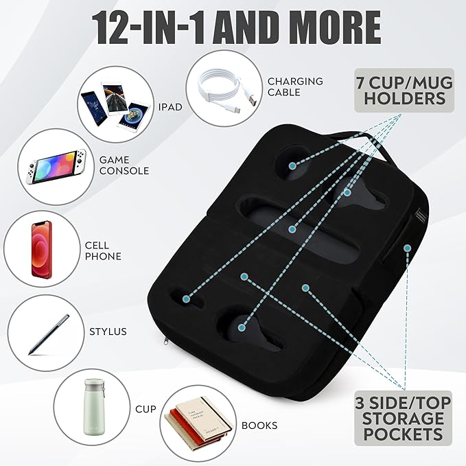 Couch Cup Holder Tray Pillow - Bed, Couch Caddy, Sofa, RV & Car - Holds Drinks, Snacks, Remotes, Phones, Kindle, Tablet | Bed Cup Holder (Black)