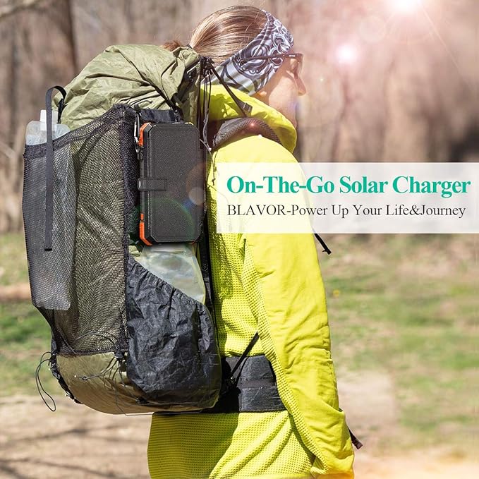 BLAVOR Solar Charger Power Bank, PD 18W Fast Charging 20000mAh Battery Pack with 4 Foldable Panels, Portable Solar Powered USB C Charger with Camping Flashlight Compass Carabiner for Cell Phone