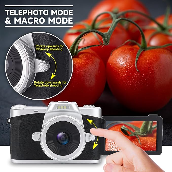 Digital Camera with 3'' Flip Screen 16X Digital Zoom Compact Point and Shoot Camera for Kids, Beginners, 4K Vlogging Camera with 2 Batteries