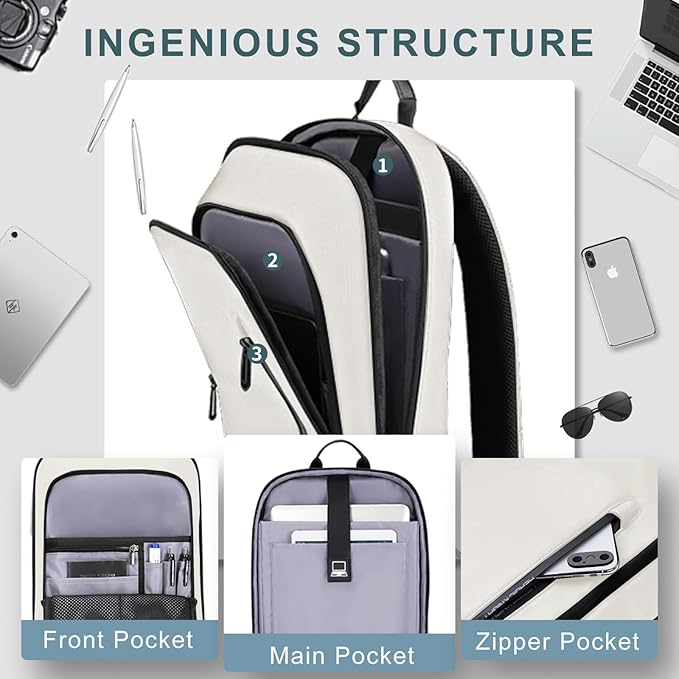 hk Backpack for Men Business Slim Backpack with USB Charger Computer Lightweight Anti-theft Travel (White, 17.3 Inch)