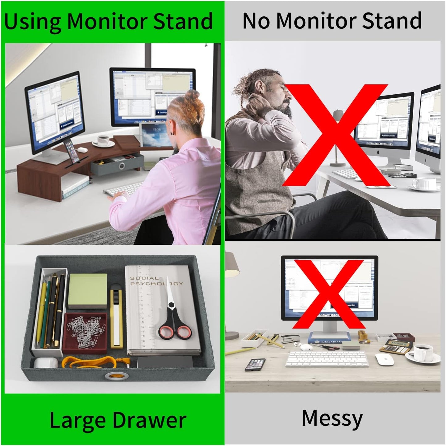 WESTREE Dual Monitor Stand Riser with Drawer - Adjustable Length and Angle, 2 Phone Hold, Desktop Organizer for Computer/Laptop/PC/Printer