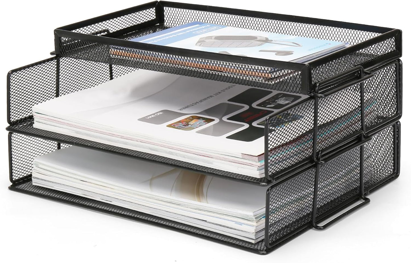 Office Drawer Organizer, 2 Tiers Stackable Paper Tray Organizer for Desk, Standing Papers File, Black Mesh/Office File Collation
