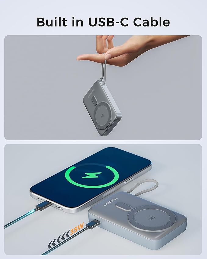 Wireless Portable Charger Qi2, 10,000mAh Magnetic Power Bank with PD 35W Fast Charging, Battery Pack with Built-in USB-C Cable and Stand, Travel Essentials for iPhone 16/15 Series