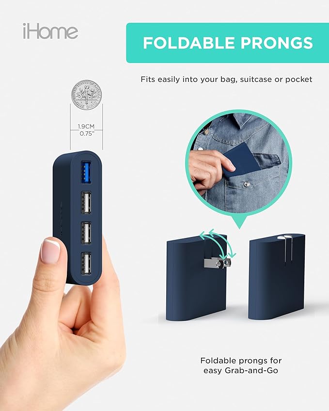 iHome Slim 4-Port USB Wall Charger, AC Pro Multiport Plug Adapter, Phone Charging Block with 4 Ports, Flat USB Wall Adapter for Home & Travel