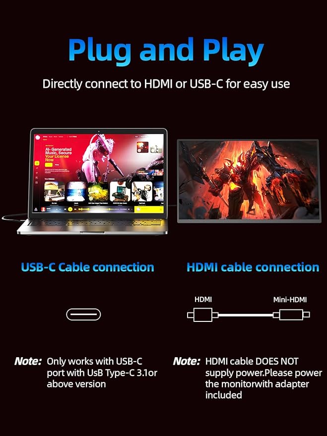 18.5” 100Hz Portable Monitor FHD 1080P IPS Screen 100% sRGB Aluminum Alloy Shell,Built-in Stand,HDMI/USB-C,for Gaming,Laptop,PC,Mac,Phone,Switch,Xbox