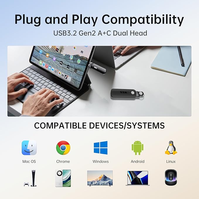 SSK 2TB Flash Drive, External SSD Up to 1000MB/s, Dual Port USB C & USB 3.2, Zinc Alloy Portable Thumb Drive Stick for iPhone 15/16 Pro, Mac, Android OTG, PC Backup Storage