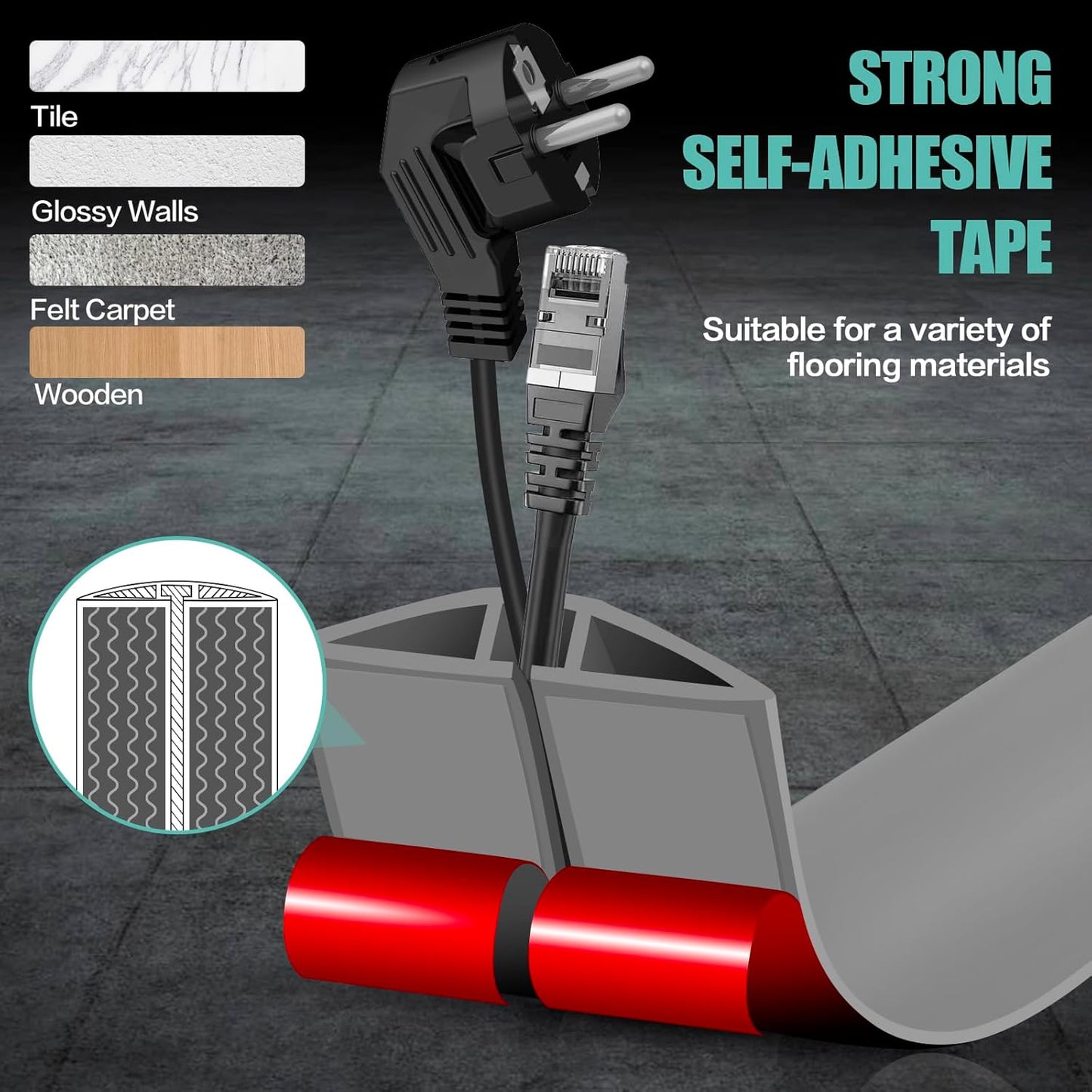 Floor Cord Cover Self Adhesive Cord Hider,3.3FT Cable Management, Extension Strip Protector for Wires, Prevent Cable Trips for Offices, Gyms, Exhibitions Cavity:0.51"(W) x 0.3"(H) Gray