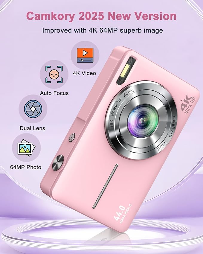 Digital Camera, 4K 64MP Cameras for Photography, Small Compact Point and Shoot Digital Camera with Auto Focus, Dual Camera, Flash, 16X Zoom, 32GB Card, Vlogging Camera for Teens,Boys, Girls
