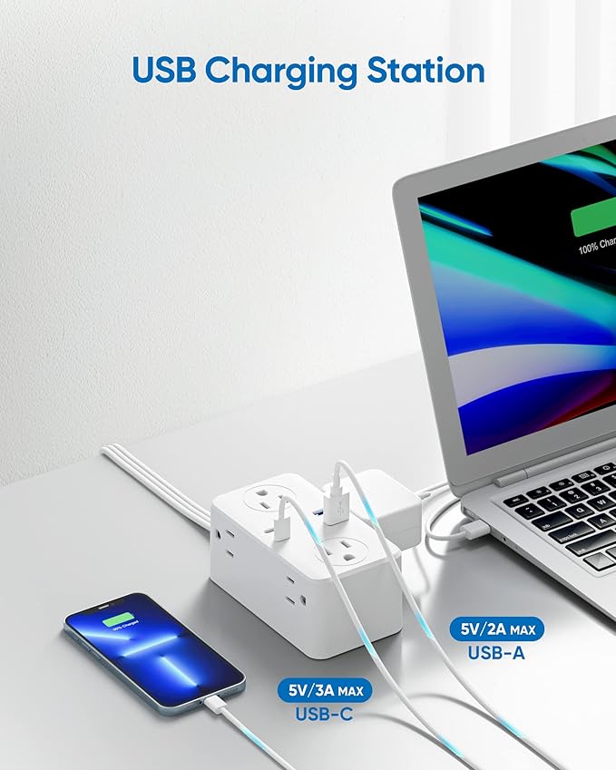 Travel Power Strip with USB Ports (3.0A), Ultra Flat Plug Power Strip, 6 AC Outlets, 4 USB Ports (2 USB C), 3ft Wrapped Around Extension Cord for Cruise Ship Travel Essentials