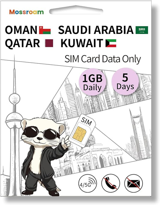 3-in-1 SIM Card for Saudi Arabia, Qatar, Oman, Kuwait – Prepaid Data Plans | Day Pass 1GB Daily Data,5 Days | Unlimited 4/5G Speed Internet