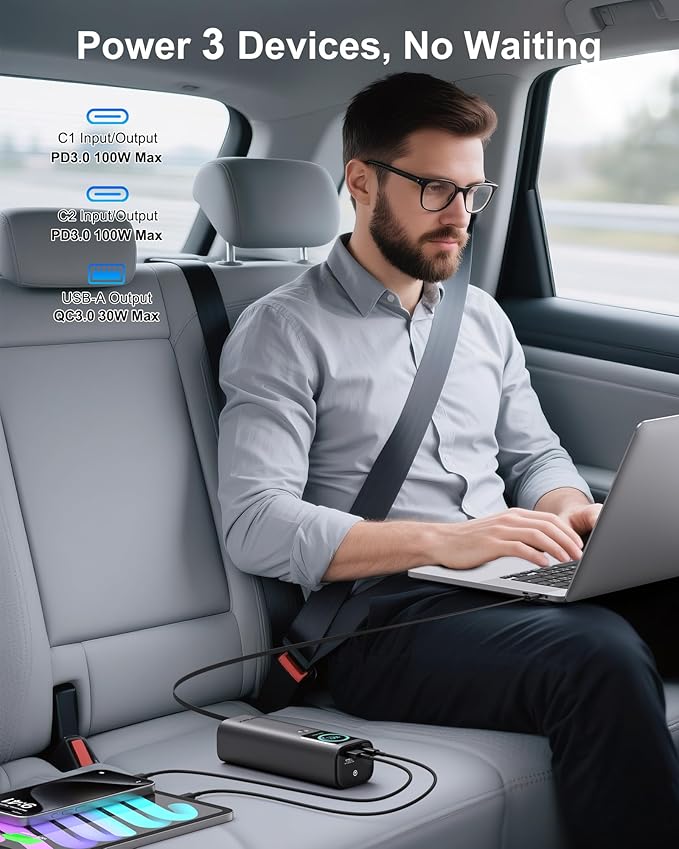 AsperX Laptop Power Bank, 165W 20,000mAh, Retractable Cables, Aluminum Alloy Unibody Portable Charger Power Bank, Battery Bank for MacBook Pro/Air/iPhone 17/iPad Pro/S25 Ultra/Dell/HP(TSA-Approved)