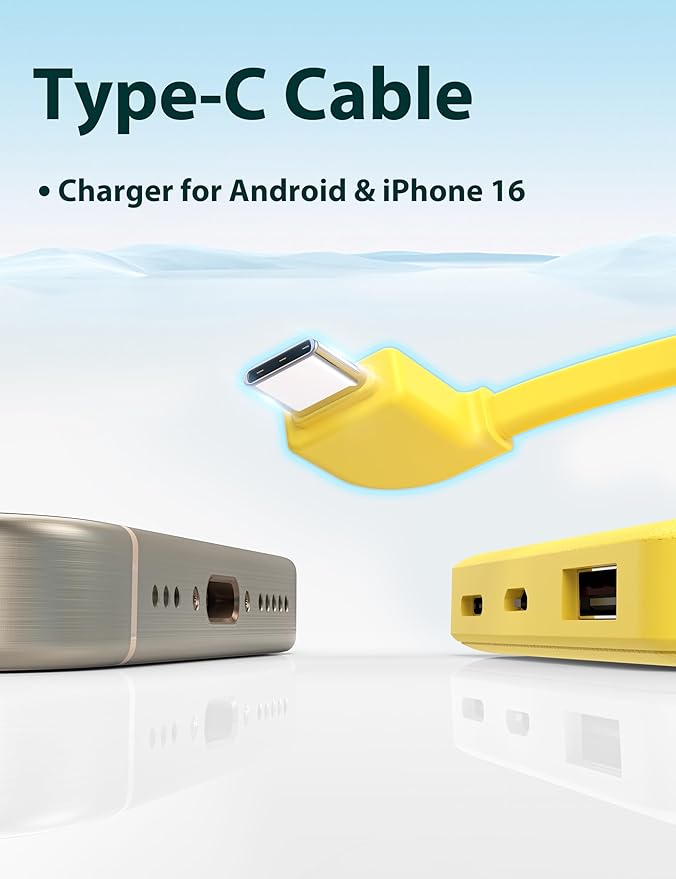 6000mah Ultra Slim Built in Cables Power Bank, Card Size Built in USB C Cords Battery Pack Portable Charger for Phones, 3 Output External Battery Pack Compatible with iPhone, Samsung, Google, Yellow