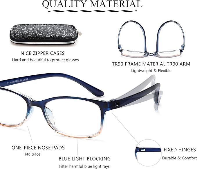 EYEURL 2 Pack Reading Glasses for Women Men, Blue Light Blocking Lightweight TR90 Readers Filter Glare/UV Rays/Eyestrain, 0.00