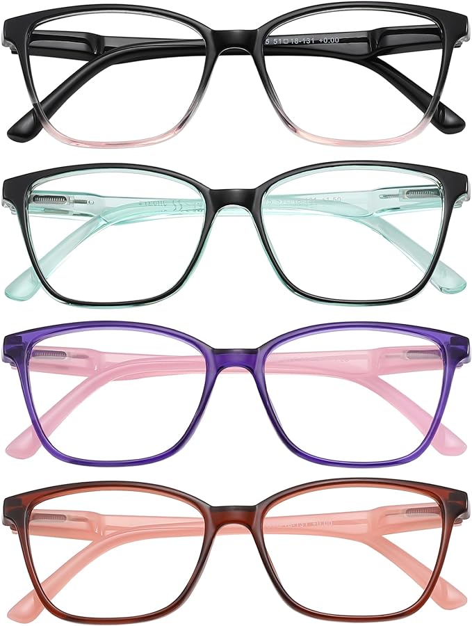 Przene 4 Pack Blue Light Blocking Reading Glasses,Readers for Women and Men with Spring Hinge