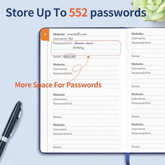 Password Book with Alphabetical Tabs, Password Keeper Book for Seniors, Hardcover Password Notebook for Individual & Colorful Tabs, Password Organizer for Website Logins, 5.3" x 7.7", Navy Blue