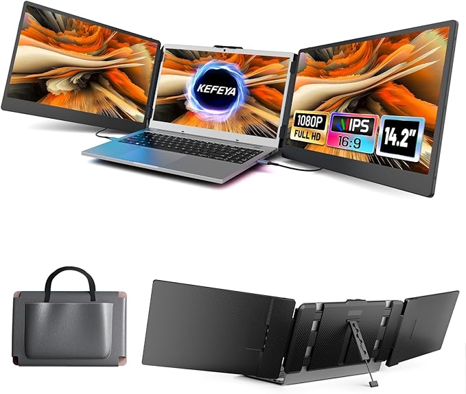 KEFEYA Laptop Screen Extender, 14.2" Portable Triple Monitor for Laptop with Full HD IPS Display, Monitor Extender Compatible with Mac, Windows, Chrome, Fits 13-17 Inch Laptops