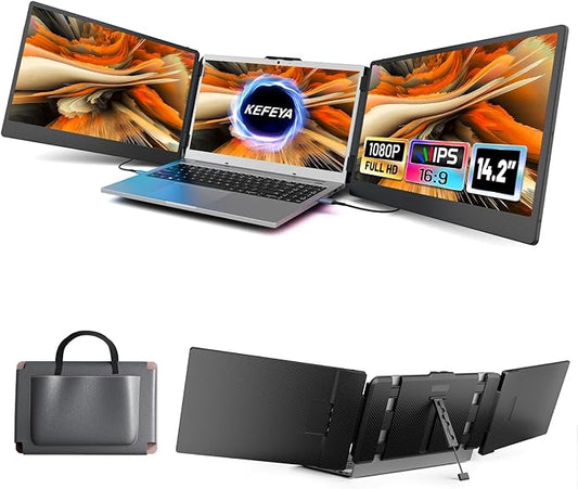 KEFEYA Laptop Screen Extender, 14.2" Portable Triple Monitor for Laptop with Full HD IPS Display, Monitor Extender Compatible with Mac, Windows, Chrome, Fits 13-17 Inch Laptops