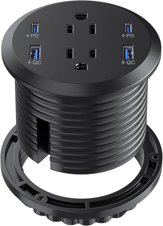 Jgstkcity Desktop Power Grommet, 65W USB C Fast Charging Port, Flush Mount Recessed Power Strip 3inch Hole,2 Outlets,4 USB Ports, Countertop Outlet (Black, 65W USB Port)