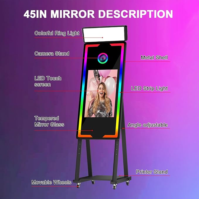 Mirror Photo Booth with Camera and Printer, 40" Magic Mirror Photo Booth, 22" Touch Screen Built-in Mini PC with Instant Print and Sharing, Music Sync Control RGB Light (Black, 45-22" Full Set)